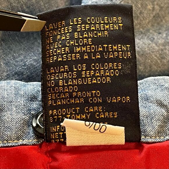 Y2K Tommy Hilfiger Quilted Lined Denim Shacket Jacket Blue Red Button Down Shirt - Picture 9 of 10